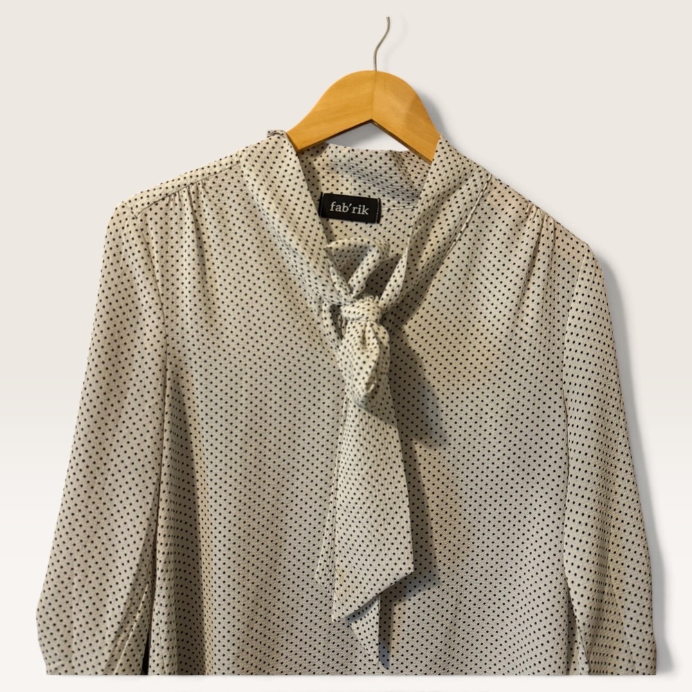 fab'rik Women Small White Polka Dot Tie Neck Blouse Roll Tab Sleeve Preppy